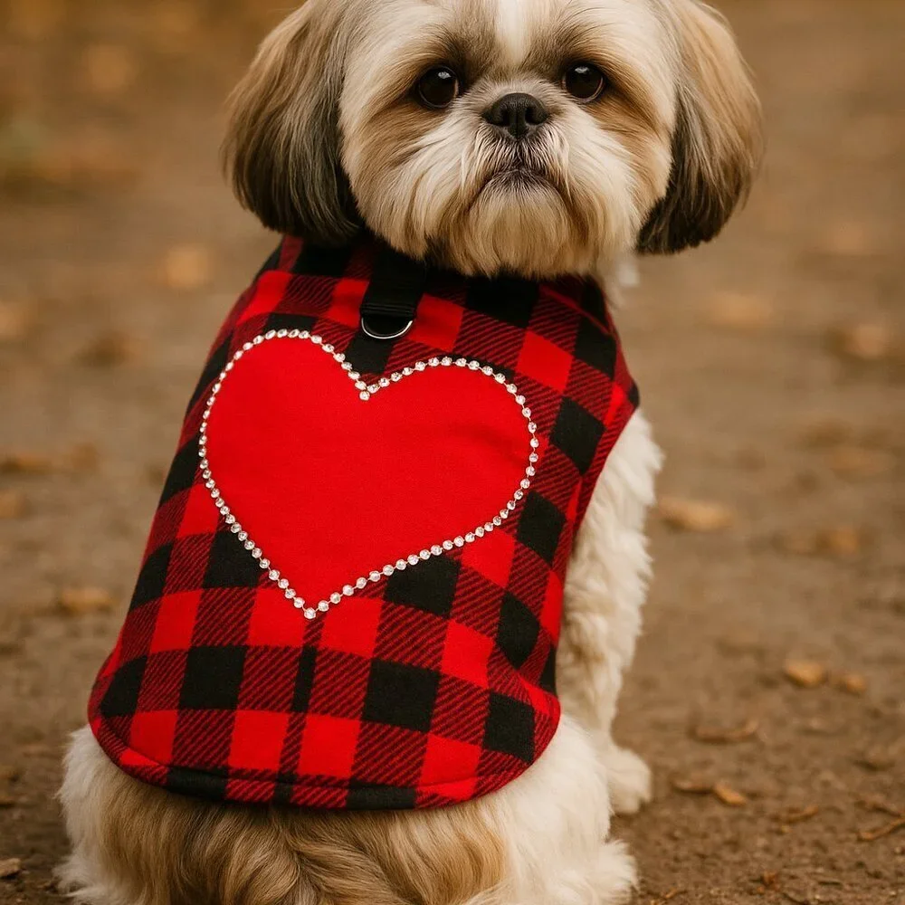 Buffalo Plaid Dog Harness Vest with Red Rhinestone Heart Winter Pet Outfit S